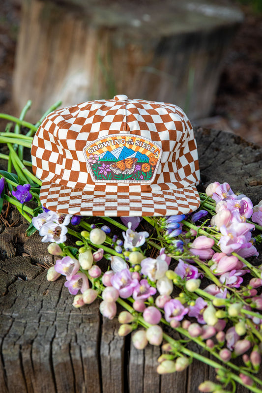 Growing in the Sierra hat, brown checkerboard