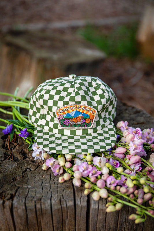 Growing in the Sierra hat, green checkerboard