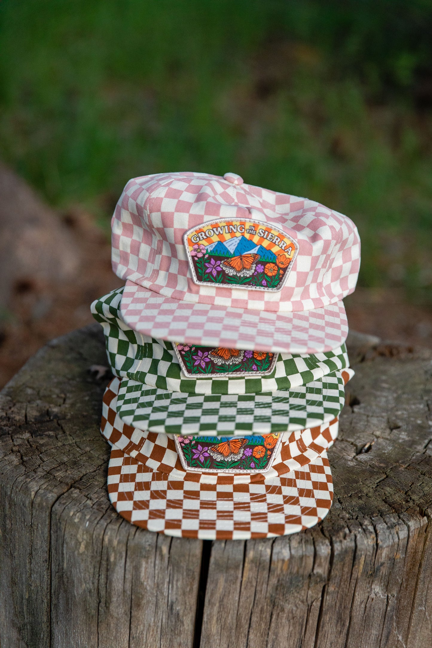 Growing in the Sierra hat, pink checkerboard